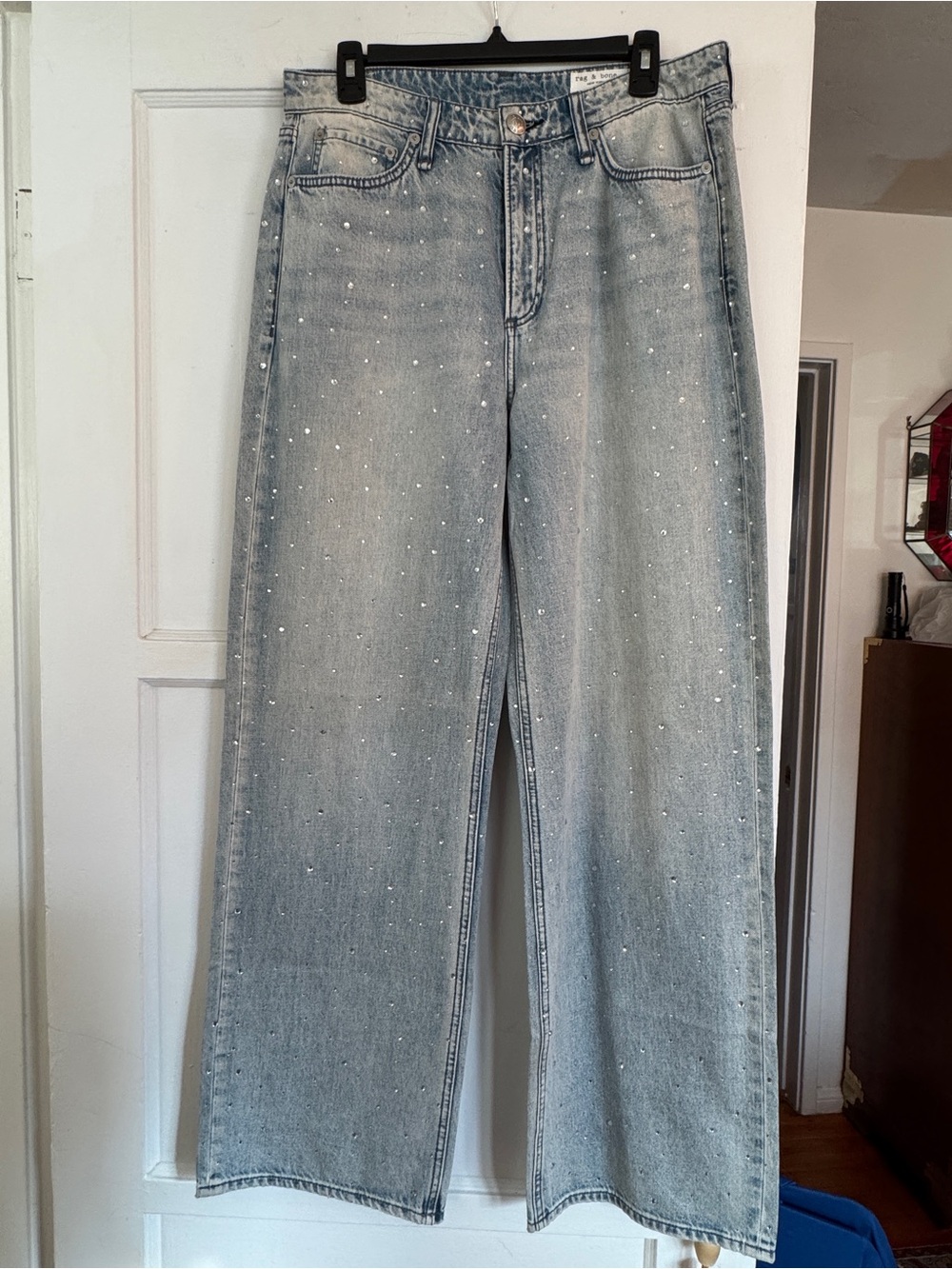rag & bone Wide-Leg Logan Jeans with sparkling crystal embellishment sz 29